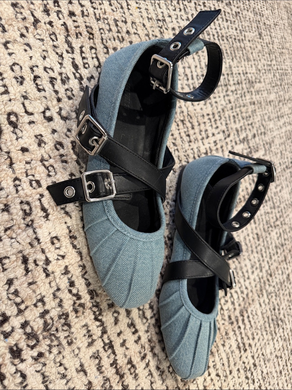 Blue Denim Ballet Flats with Black Buckle Straps